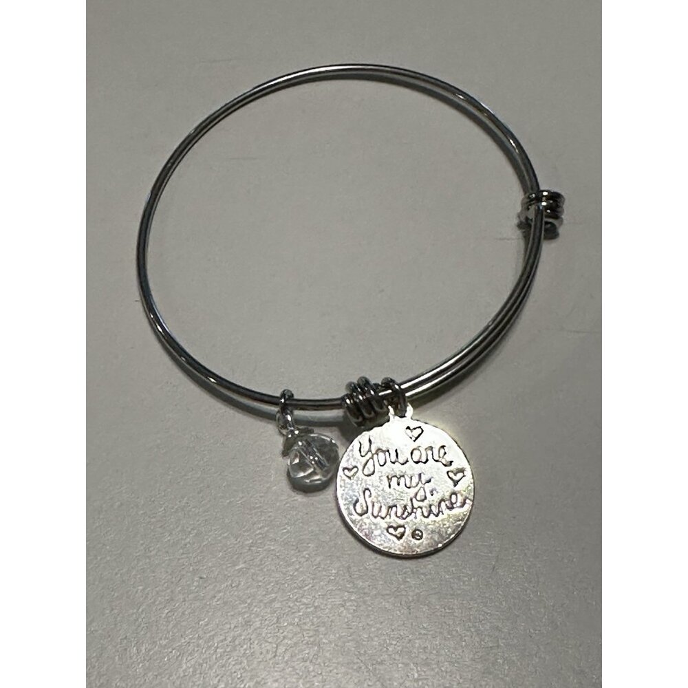 You Are My Sunshine Charm Bangle Bracelet Silver tone Adjustable Yellow Flower